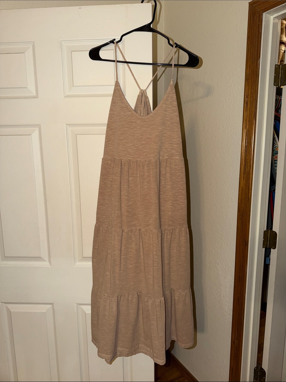 Tiered Spaghetti-Strap Dress in Taupe